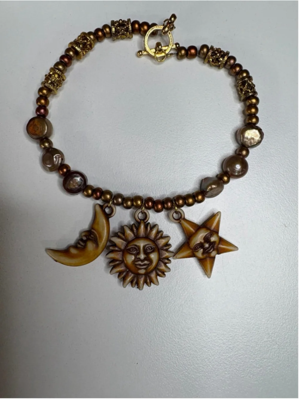 Handmade Sun Moon Star Beaded Clasp Bracelet 7.5” Earth Tones